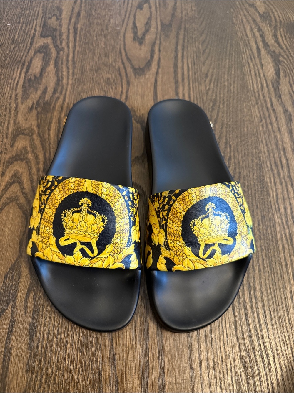 Versace Black and Gold Crown Slide Sandals - Women size 36